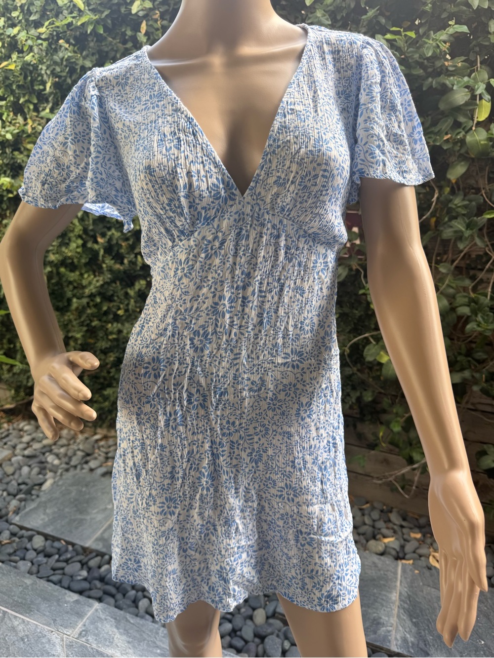 Billabong Light Blue and White Floral V-Neck Mini Dress